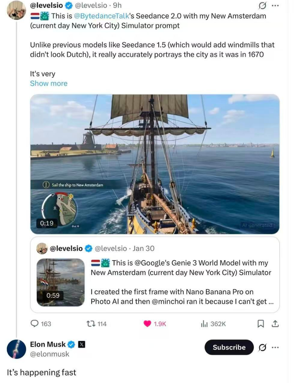 马斯克感叹Seedance2.0发展速度 游戏行业或受冲击