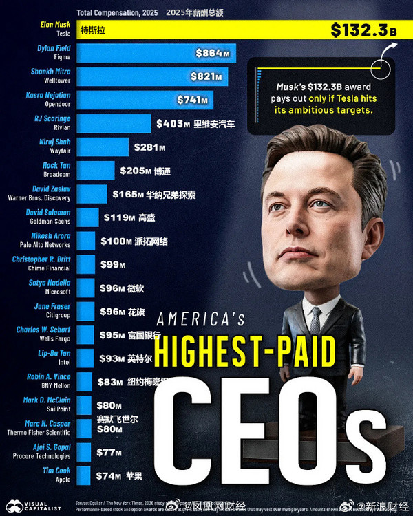 2025年美国CEO薪酬榜出炉 马斯克1323亿美元居首 2025年美国CEO薪酬榜出炉 马斯克1323亿美元居首